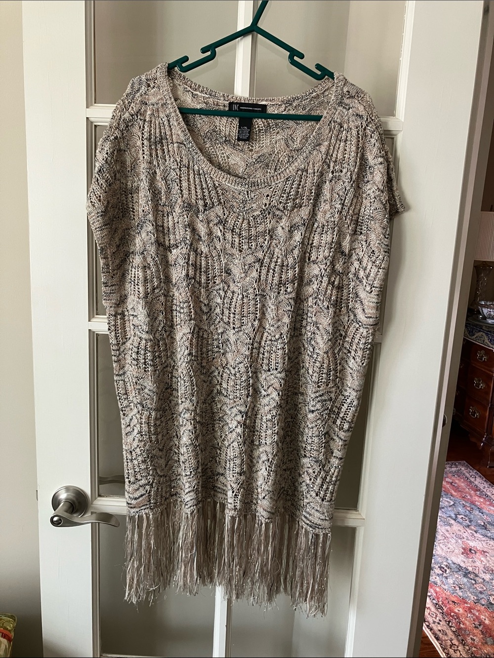 INC International Concepts Open Knit Fringe Pullover in Beige and Gray
